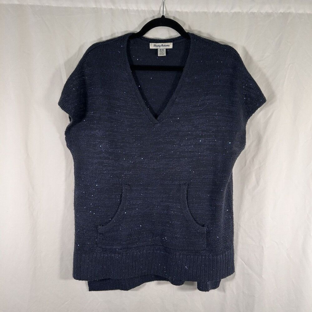 Tommy Bahama Blouse Women's Medium Blue Knit Sequin Vneck Short Sleeve Pockets